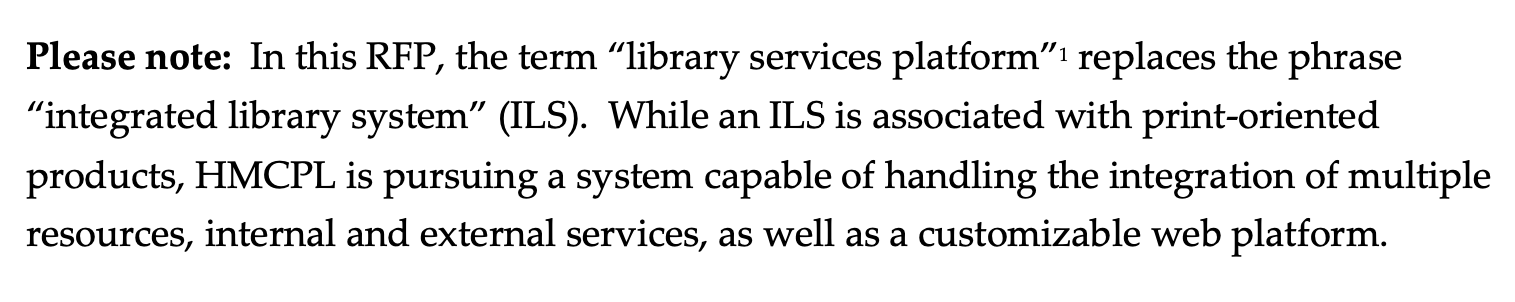 General definition of a Library Services Platform in HMCPL Request for Proposal, 2013